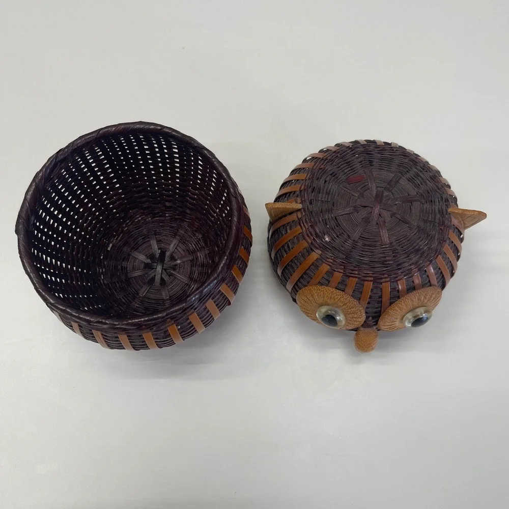 Owl Trinket Basket Small Brown Woven Bamboo Folk Art Functional Decor Vintage